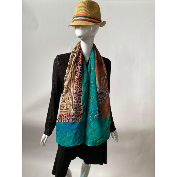 King Tut Exhibit  Silk Blend Scarf With Intricate Jewel-Inspired Motif & Turquoi - Picture 3 of 16